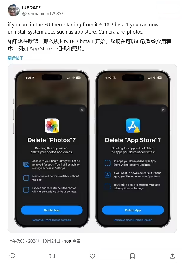 乐安苹果手机维修分享iOS 18.2 支持删除 App Store 应用商店 