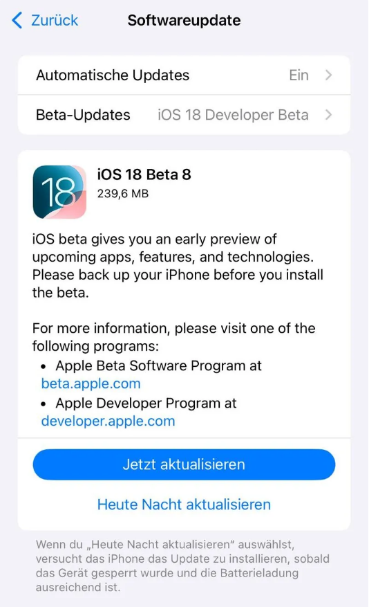 乐安苹果手机维修分享苹果 iOS / iPadOS 18 开发者预览版 Beta 8 发布 